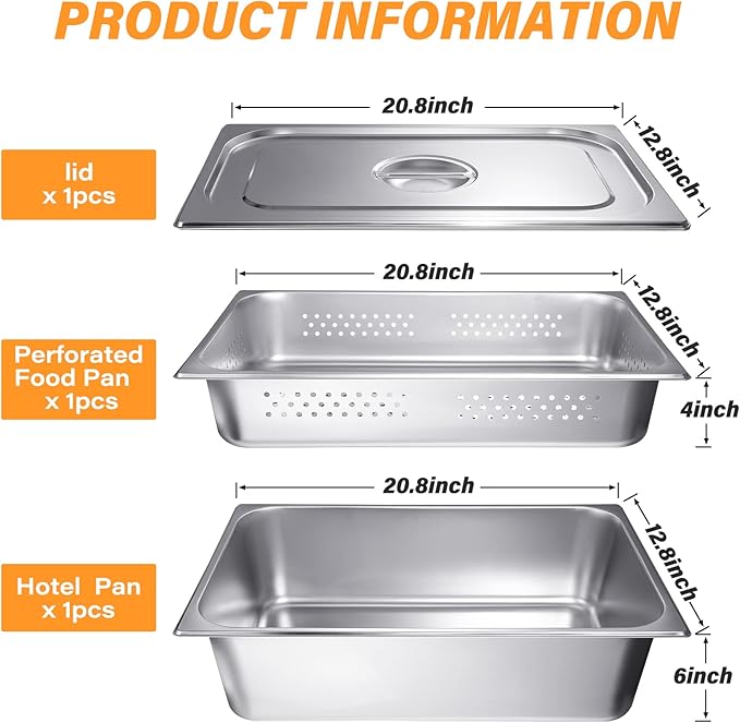 Ferraycle 3 Pack Full Size 4 Inch 6 Inch Hotel Pan with Lid Perforated Steam Table Pan Restaurant Supplies for Kitchen Steam Table Tray for Food Warmer