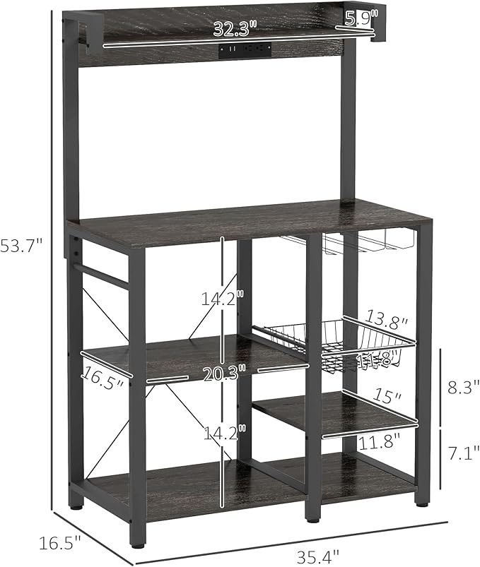 Rack with Power Outlet and LED Lights Bakers Racks for Kitchens with Storage Industrial Microwave Stand with Glass Holders Metal Basket Multiple Shelves Gray