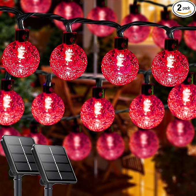 2-Pack 100 LED Red Solar String Lights Outdoor - 64FT Crystal Globe Waterproof Solar Powered Lights for Outside with 8 Lighting Modes for Patio Decorations Garden Party Porch Wedding Yard