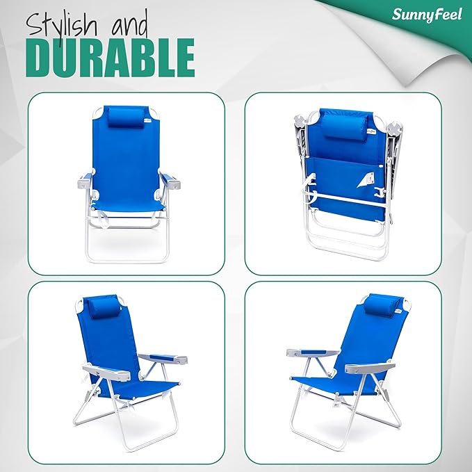 SUNNYFEEL 17 Tall Oversized Beach Chairs 2 Pack for Adults Heavy Duty 500 LBS 5 Position Portable High Folding Camping Chair with Cup Holder for Outdoor/Lawn/Trip Foldable Sand Chairs for Adults