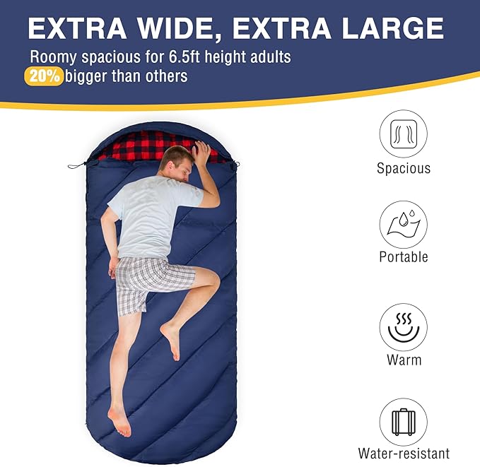 REDCAMP Flannel Sleeping Bag for Adults Comfortable Cotton Sleeping Bags for Camping with Detachable Hood Red/Grey/Blue/Black