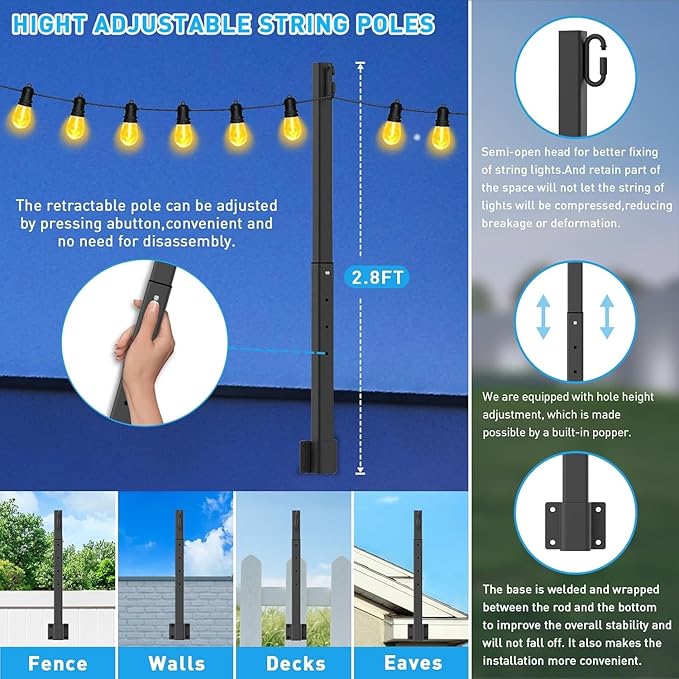 10 Pack String Light Poles2.8Ft Metal Poles for Outdoor String LightsOutdoor Light Poles with PostPoles/Stand for OutsidePatioDeckBackyardGarden WeddingParty