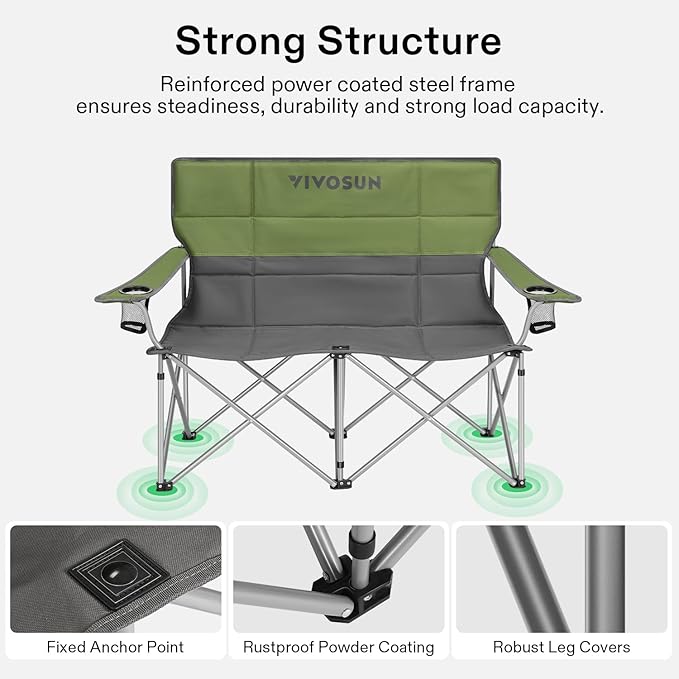 [outlets]VIVOSUN Double Camping Chair Fully Padded Folding Loveseat Portable Oversized Duo Chair with Storage Cup Holders Height-adjustable Armrests &amp Carry Bag Supports up to 500lbs Green &a