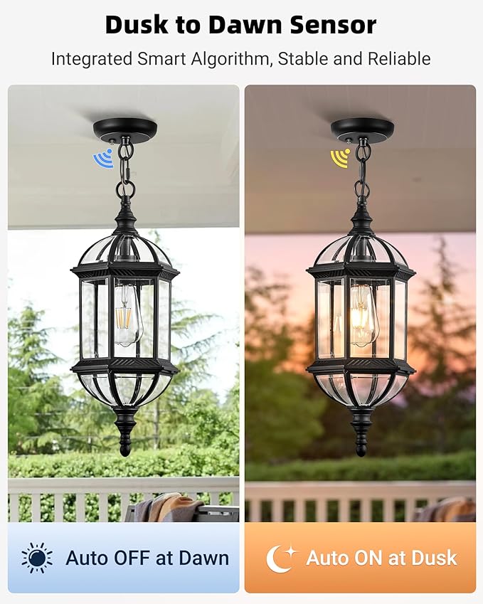 VIANIS 20 Large Dusk to Dawn Outdoor Hanging Lights Black Outside Pendant Light Waterproof Exterior Ceiling Lights for Patio Porch Entryway Anti-Rust Adjustable Length Chandelier Hardwired