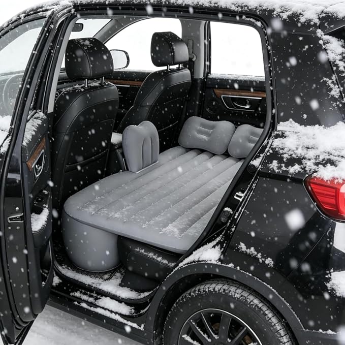 Thickened Inflatable Car Bed Air Mattress with Safety Side Wedge/Built-in Air Pump &amp 2 Pillows/Back Seat Camping Sleeping Pad for SUVs and Sedans/Portable Foldable Airbed for Travel/Gray