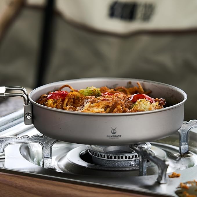 SILVERANT Camping Plate Titanium Pan Dish Plate with Handle &amp Mesh Bag Large Reuseable Ultralight Dinner Plate for Camping Outdoors Backpacking (750ML)