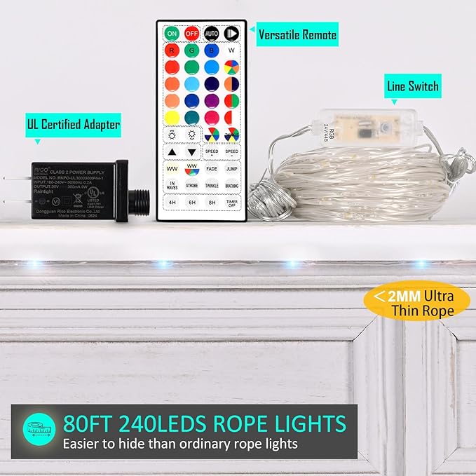 Outdoor String Lights Rope Lights with Remote Waterproof String Lights Outdoor Fairy Lights Twinkle Lights for Wedding Patio Pool Christmas