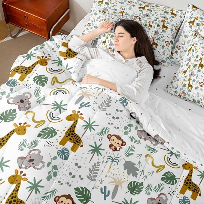 Cute Giraffe Monkey Comforter Set with SheetsPillowcases &amp Cushion Cover Zoo Animal 7 Piece Bedding Set for Kids Boys Girls Teens Room Decor Cartoon Animal Bed in a Bag Full Size Wildlife Microfi