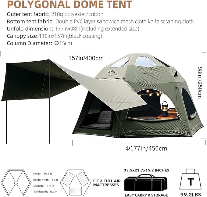 Inflatable Tents for Camping 6-8 People142 Square Feets Cotton Igloo Tent 4 Season Blow up Tents with Waterproof Tarp Glamping Inflatable Hot Tent with Stove Jack