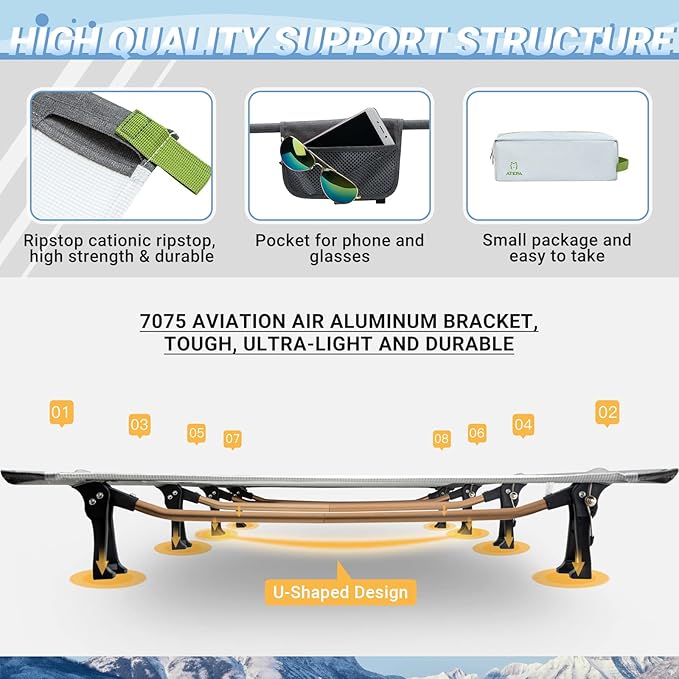 ATEPA Camping Cots for Adults with Carry Bag &amp Storage Bag Portable Bed Folding Cot Most Comfortable for Hiking Backpacking Car Camping Travel Home Office Nap Lightgrey