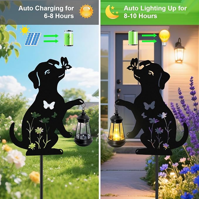 Solar Lights Outdoor 2 Pack Metal Dog Solar Lights Birthday Gifts for Women Mom Mother's Day Waterproof Metal Hanging Lantern Stakes Garden Decor Outside Patio Yard Pathway BackyardLawn