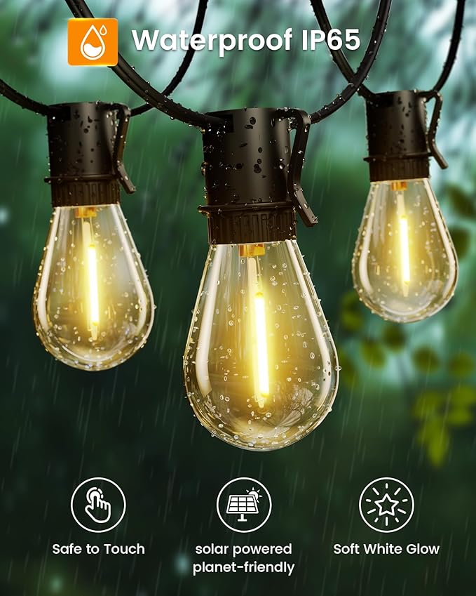 Torkase 60FT Solar Outdoor String Lights 18+1 Shatterproof LED Bulbs Waterproof USB Rechargeable 2200K Warm White Energy-Saving Hanging Patio Lights for Garden Porch Bistro Deck Camping