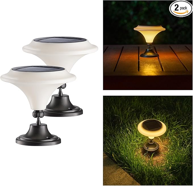 Solar Table Lights Outdoor 2 Pack Classic Martini-Shaped Lanterns with Base &amp Ground Stakes Waterproof LED Solar Powered Decorative Lights for Patio Table Garden Path (Warm White)
