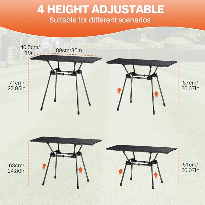 FUNYKICH 3ft Aluminum Roll Up Camping Table(L35''xW16'') 4 Height Adjustable Ultralight Folding Camp Table Up to 28'' Portable Tables with Carry Bag for Camping Picnic BBQ Party Backyard Beach