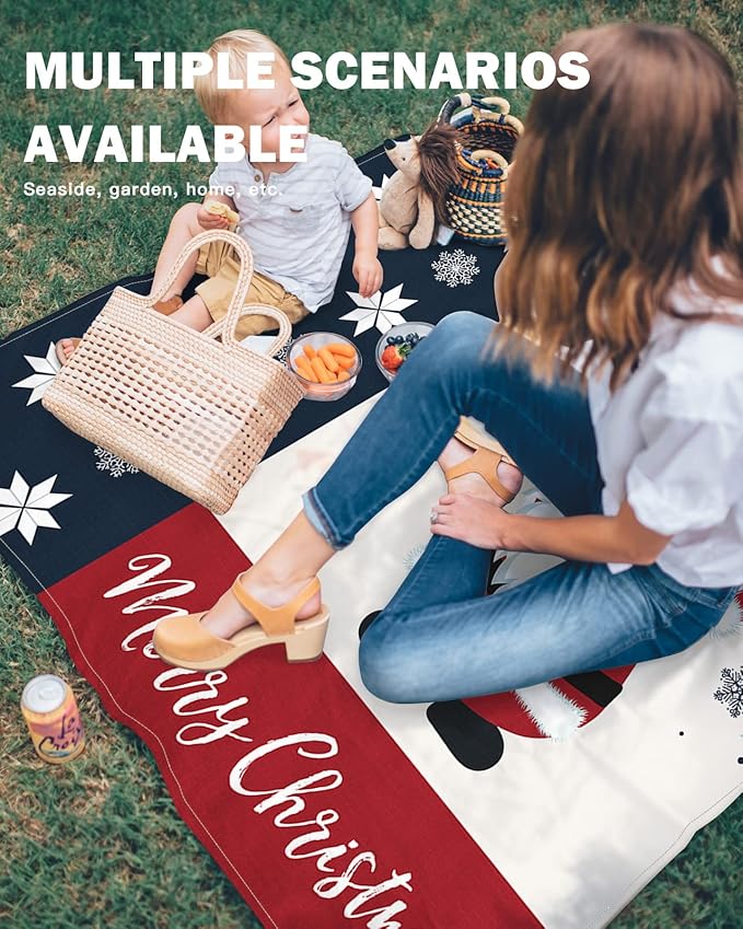 Beach Blanket Waterproof Sandproof Christmas Snowflakes and Cute Dwarf Quick Drying Beach Mat with 4 Stakes Red White and Blue Lightweight Picnic Blanket for Travel Camping Outdoor 83x79
