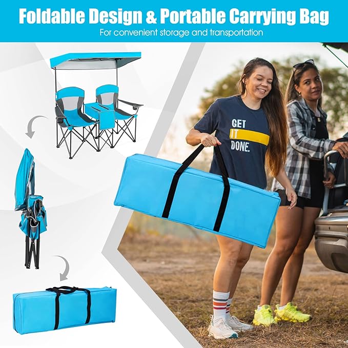Tangkula Loveseat Camping Chair with Adjustable Shade Canopy Portable Beach Chair with Cooler Bag 2 Cup Holders Carrying Bag Foldable Double Lawn Chair for Travel Fishing Picnic (Blue)