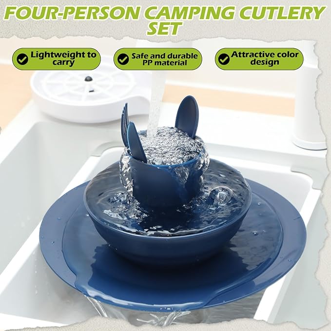 Tioncy 29 Pcs Mess Kit for Camping 4 People Camping Bowls Plates Cups Utensils Set Plastic Reusable Unbreakable Dinnerware Set with drawstring Bag for Travel Picnic Outdoor Dishwasher Safe