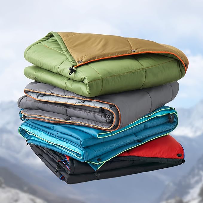 UNIKOME Waterproof Puffy Camping Blanket - Lightweight Packable Outdoor Quilt with Snaps &amp Corner Loops Warm Compact Blanket for Cold Weather Hiking Picnic Stadium Travel 75×52 Lake Blue&amp