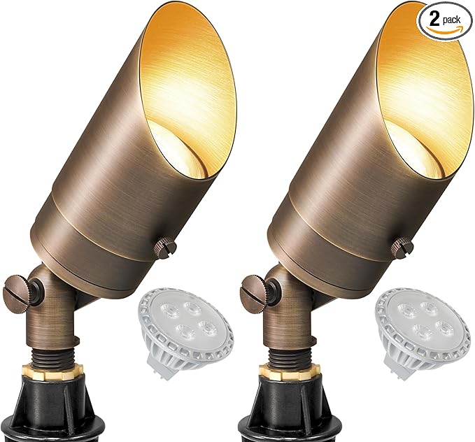 GKOLED Solid Brass Spotlight Low Voltage Landscape Lighting LED Outdoor Lights for Garden Patio Yard Directional Up and Down Light with 5W MR16 Bulb 12V 2700K Warm White 2 Pack