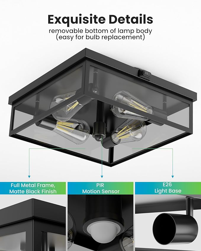 Caftersmark Outdoor Ceiling Light with Motion Sensor 14‘’ Flush Mount Porch Ceiling Light lear Glass with Dusk to Dawn 4-Light Close to Ceiling Light Fixture for PatioPorchGarage