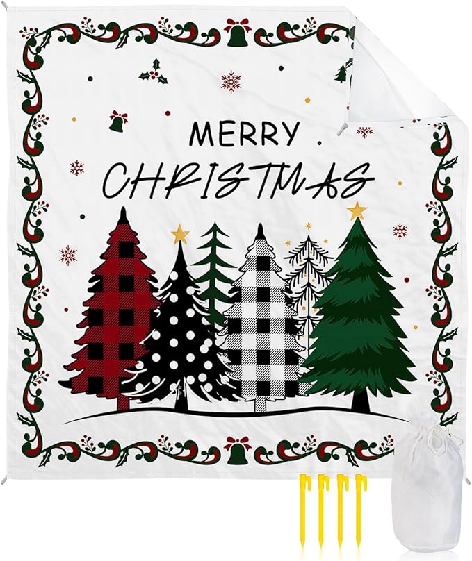 Beach Blanket Waterproof Sandproof OversizedMerry Christmas Xmas Tree Beach Mat with Corner Stakes Sand PocketsWinter Snowflakes Holly Berries on White Outdoor Picnic Mat for Travel 108x84In