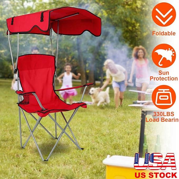 Camp Chair with Shade Canopy Heavy Duty Folding Camping Lawn Chair with Cup Holder UPF 50+ Sun Protection Portable Beach Lounge Chair for Outdoor Sports Support 330 LBS (Red)