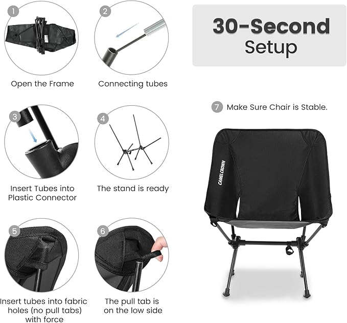 CAMEL CROWN Portable Camping Chair Folding Compact Lawn Lightweight Backpacking Chair with Carry Bag for Outdoor Hiking Beach Travel Picnic Festival Black 2pc