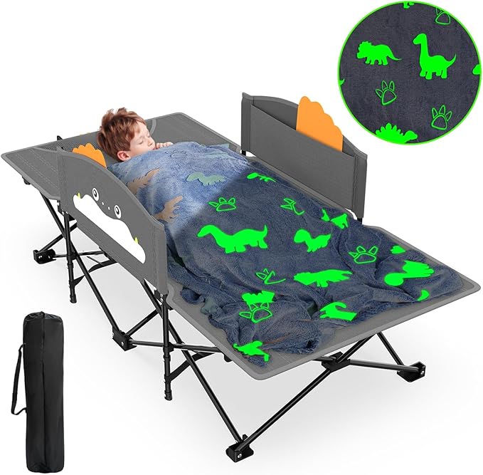 ZENPETIO Kids Camping Cot Foldable Toddler Bed with Safety Rails &amp Glow-in-The-Dark Blanket Sturdy Portable Design for Travel Indoor Outdoor Cot for Toddlers Kids
