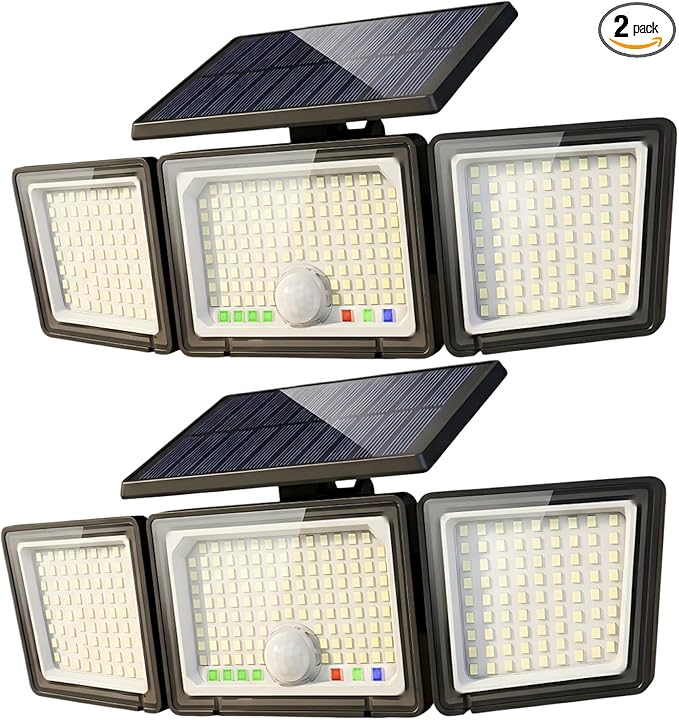 Solar Outdoor Lights Motion Sensor 3500LM 286 LED Security Flood Lights with Visual Battery &amp Mode Display 3 Lighting Modes IP65 Waterproof 3-Head Wide Angle for Garage Yard Patio (2 Pack)