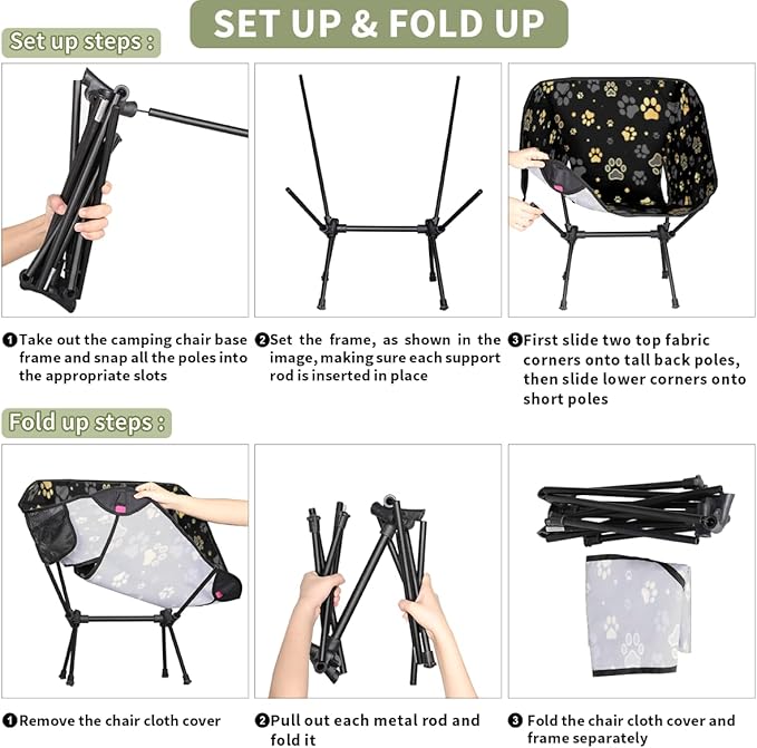 Black Gold Dog Pattern Camping Chair Lightweight Portable Chairs for Adults Easy Installation Outdoor Foldable Camping Chair for Camping Fishing Hiking Picnic Beach
