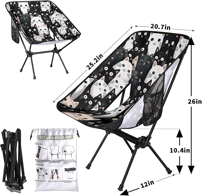 Honeybaby Folding Camping Chair Fancy Cat Pattern Camping Chairs Lightweight Portable Chair Outdoor Foldable Chairs for Camping Travel Picnic Beach Hiking