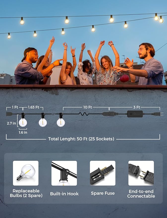 XMCOSY+ Patio Lights Smart 50Ft Outdoor String Lights with 25 Dimmable G40 Globe Bulbs APP Control Work with Alexa Connectable Waterproof LED Outdoor Light
