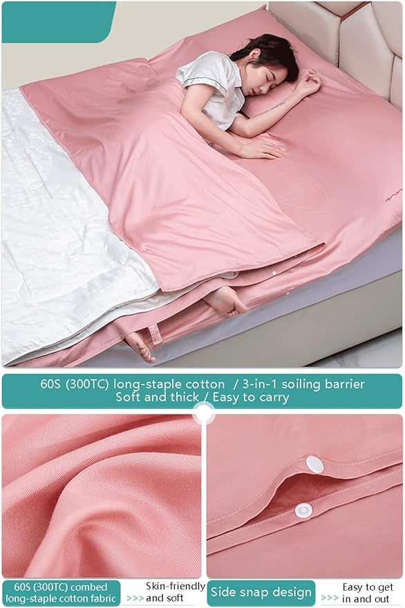 RUZGAR Sleeping Bag Liner Large Small Sized Travel Sheet 300 Thread Count Long Staple Cotton Ultra Lightweight Sleep Liner Single Double Travel Bed Sheet (Color : Pink Size : 200x210cm-78x82)