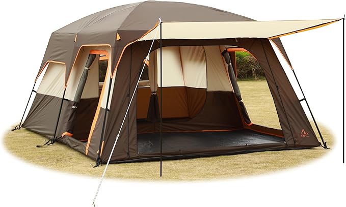 KTT Extra Large Tent 10-12-14 Person(B)Family Cabin Tents2 Rooms3 Doors and 3 Windows with MeshStraight WallWaterproofDouble LayerBig Tent for OutdoorPicnicCampingFamily Gathering
