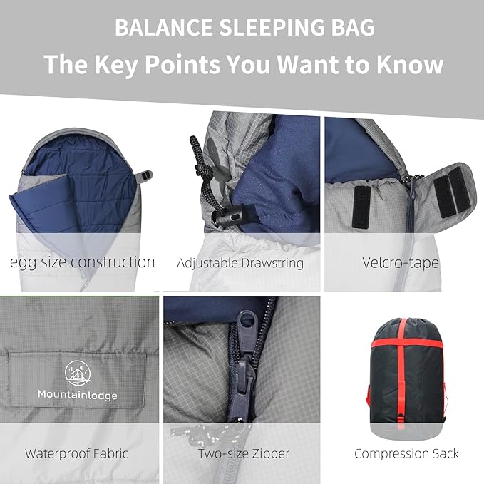 Mountainlodge Balance Sleeping Bag for AdultCold&ampWarm Weather with Compression Sack and Water Resistant for Family CampingTravel and Car Camping
