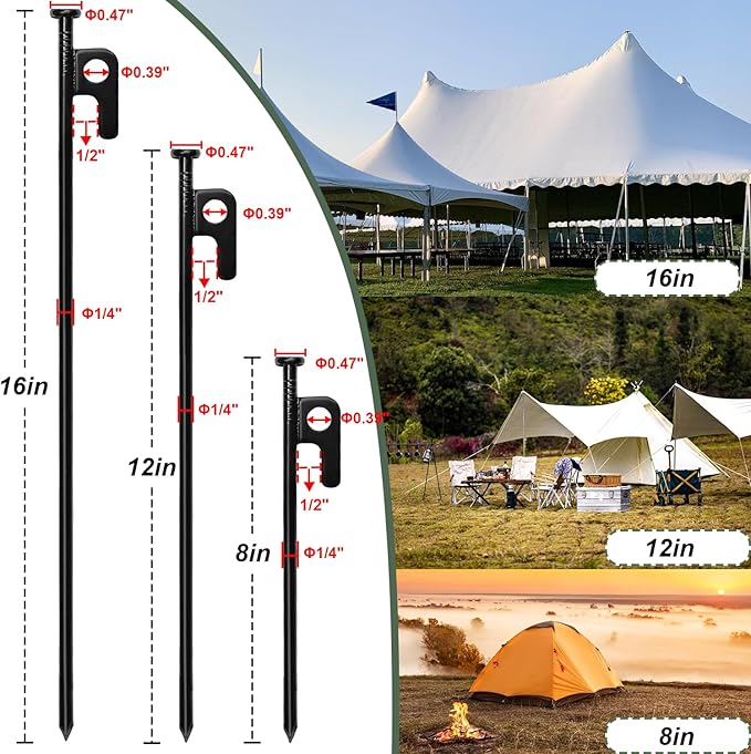 24Pcs Tent Stakes 12in Heavy Duty Tent Stakes with Storage Pouch Forged Steel Metal Stake for Tent Used on Rocky Place Grassland Dessert(24Pcs 12in Diameter 1/4)