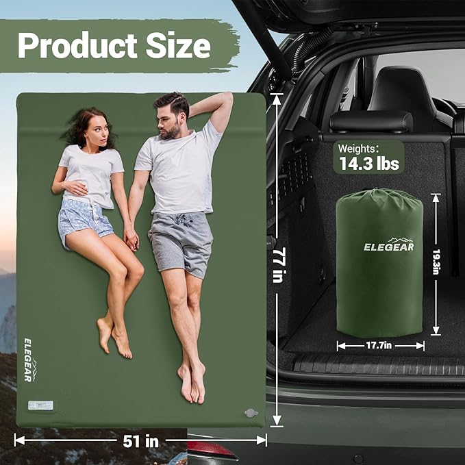 Elegear CumbreX™ Self Inflating Sleeping Pad Built-in Electric Pump 3.15 Ultra-Thick Memory Foam Camping Mattress Pad with Pillow Double Sleeping Pad for Camping R-Value 9.5 Foam Camp Pad - Full