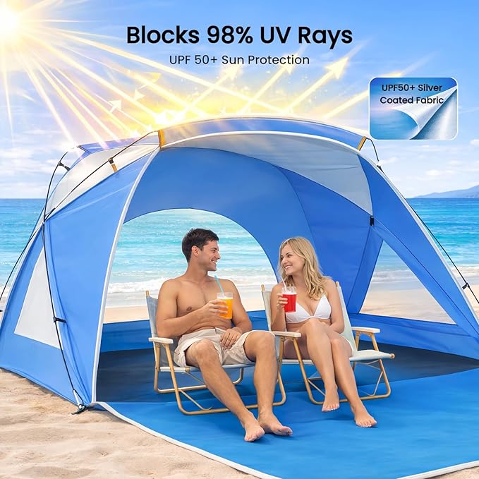 Beach Tent Portable Sun Shelter for 2/3/4/6-8 Person with UPF 50+ UV Protection Easy Setup Waterproof Beach Shade Canopy Cabana for Family Outdoor and Picnics Fishing with Carrying Bag