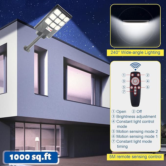 Retisee 4 Pack Solar Street Lights Outdoor Waterproof IP 65 240° Wide Angle Solar Streetlights Outdoor Pole Lights with Motion Sensor Remote Dusk to Dawn Control for Garage Yard Driveway Pathway