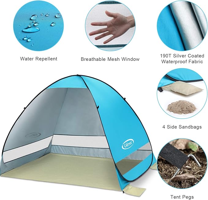 G4Free Large Pop up Beach Tent for 3-4 Person UPF 50+ Automatic Sun Shelter Canopy Portable Outdoor Cabana Sun Umbrella
