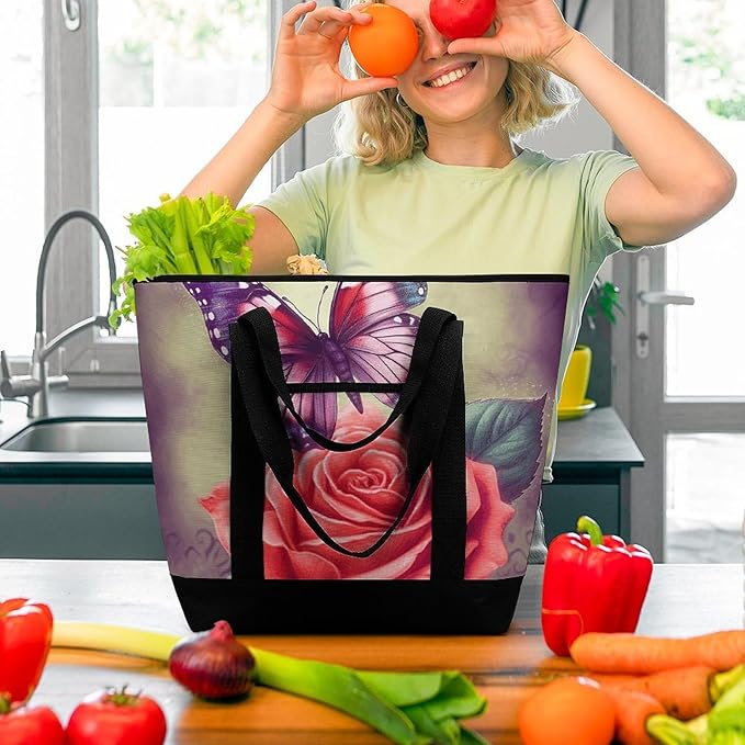 Insulated Shopping BagLarge Reusable Cooler Bags Butterfly And Rose Printed Foldable Shopping BagTravel Waterproof Shoulder Bag