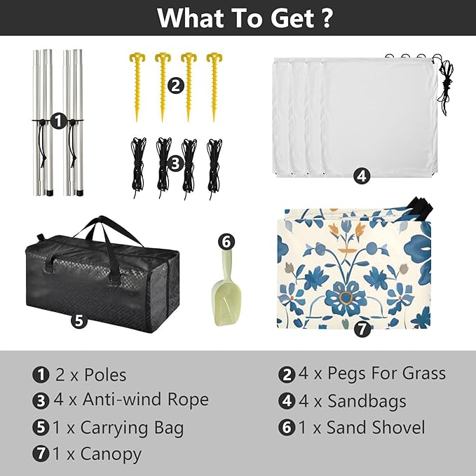 Traditional Floral Pattern Beach Tent Sun Shelter 9.2' x 10.5' Beach Canopy with 4 Sandbags 4 Stability Poles Sand Shovels - Tent Canopy for Beach Camping Fishing Picnics