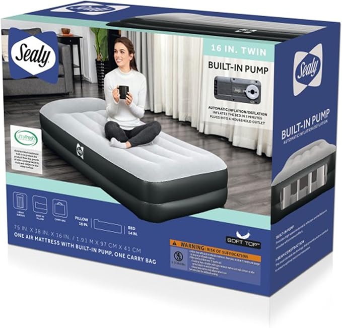 Sealy Tritech 16” Inflatable Air Mattress Bed with Built-in Pump Storage Bag and Repair Patch for Indoor and Outdoor Use Twin