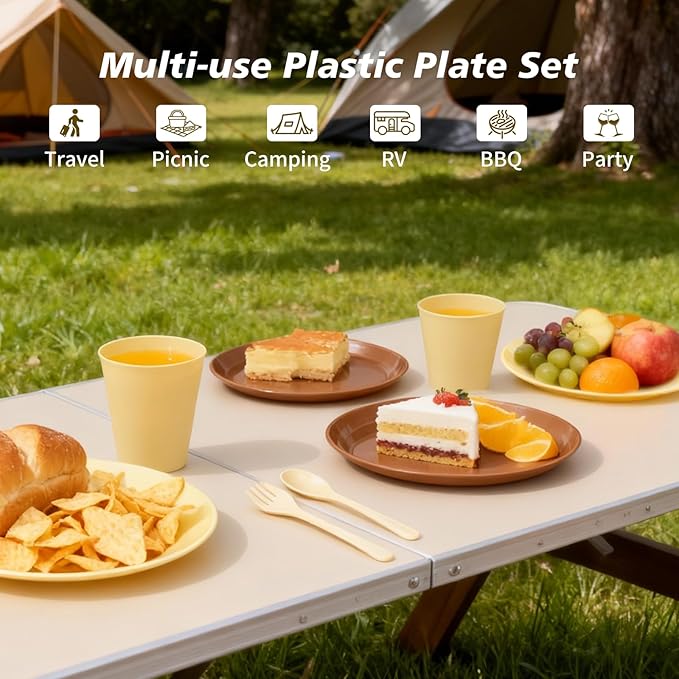 Camping Dishes Picnic Set Camping Plates Cups and Bowls Set with Spoons and Forks BPA Free 17PCS Camping Mess Kit Plastic Reusable Cutlery Set for 4 Portable Small Size Not Microwave Safe