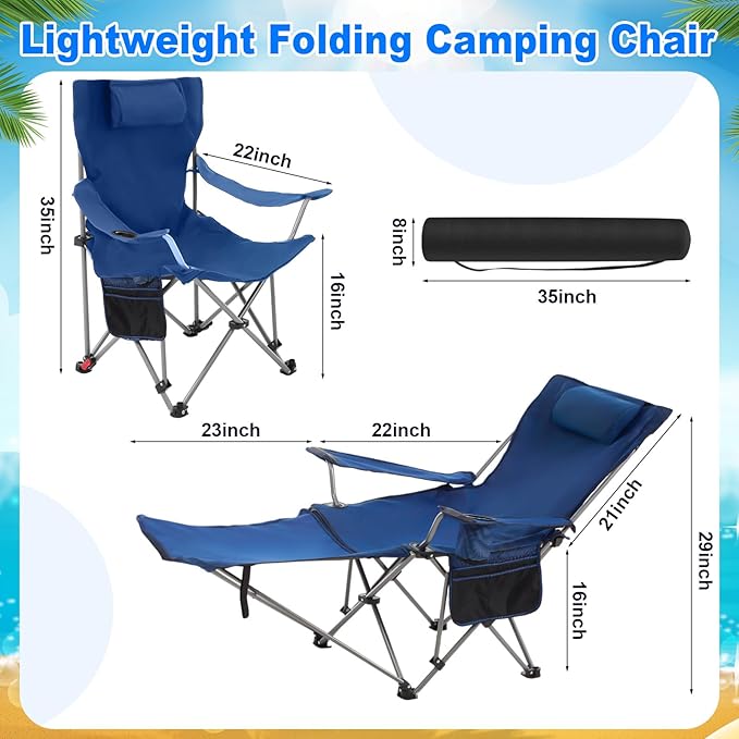 2 Set Reclining Camping Chair with Umbrella Clamp Adjustable Beach Chair with Foot Rest SPF 50+ Folding Shade Camping Lounger Recliner for Adult Outdoor(BlackBlueOxford)