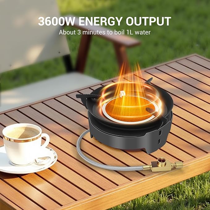 Camping Stove 3600W Portable Backpacking Stove with Piezo Ignition Fuel Canister Adapter Windproof Gas Stove for Camping Hiking Outdoor Cooking