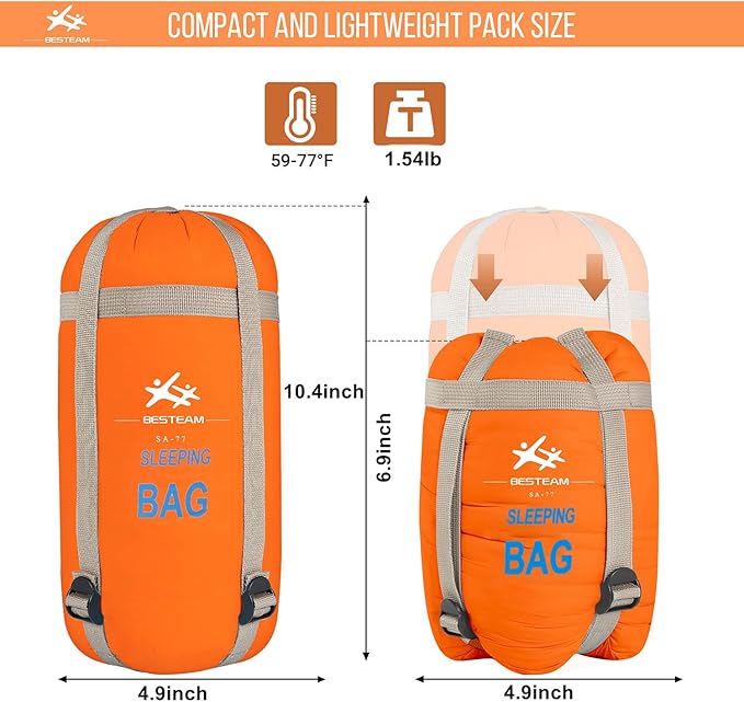 Warm Weather Sleeping Bag - Portable Waterproof Compact Lightweight Packable for Kids Teens Adults Camping Backpacking Hiking Spring Summer Fall