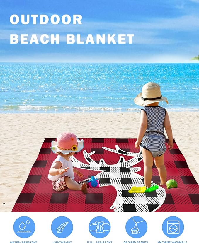 Beach Blanket Waterproof Sandproof Christmas Black White Tartan Deer Quick Drying Beach Mat with 4 Stakes Chic Buffalo Gingham Lightweight Picnic Blanket for Travel Camping Outdoor 95x80