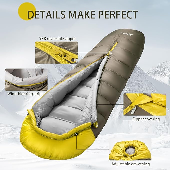 BISINNA Down Mummy Sleeping Bag for Adults 650FP Cold Weather Sleeping Bag 4 Season Compact Sleeping Bag with Compression Sack for Backpacking Camping Outdoor Hiking
