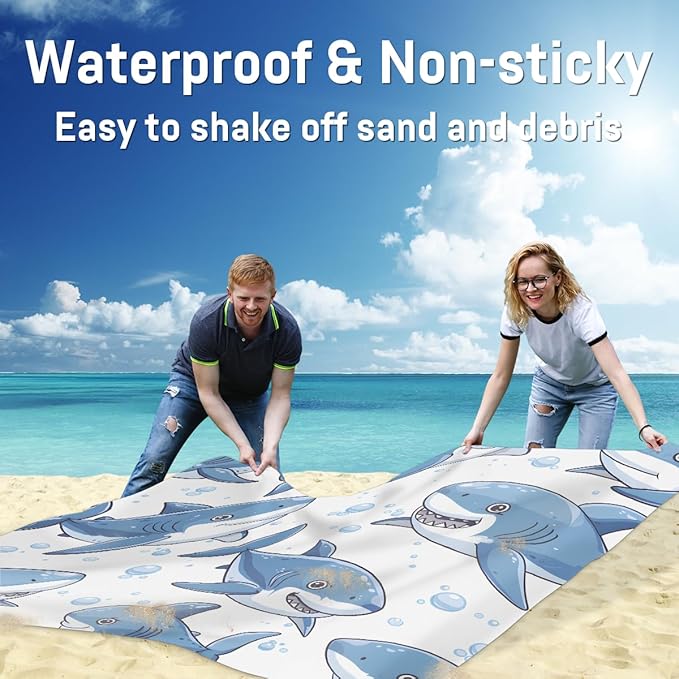 Waterproof Sandproof Beach Blanket 59''×68'' Ocean Sharks Polyester Outdoor Picnic Blanket with 4 Stakes &amp Storage Bag for BeachCampingVacation White Bottom